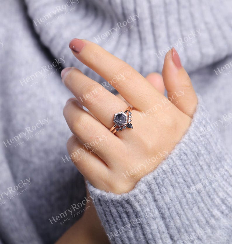 Salt and Pepper Diamond Engagement Ring set Rose gold Hexagon cut Curved wedding band Moissanite Halo Bridal set Anniversary promise ring image 5