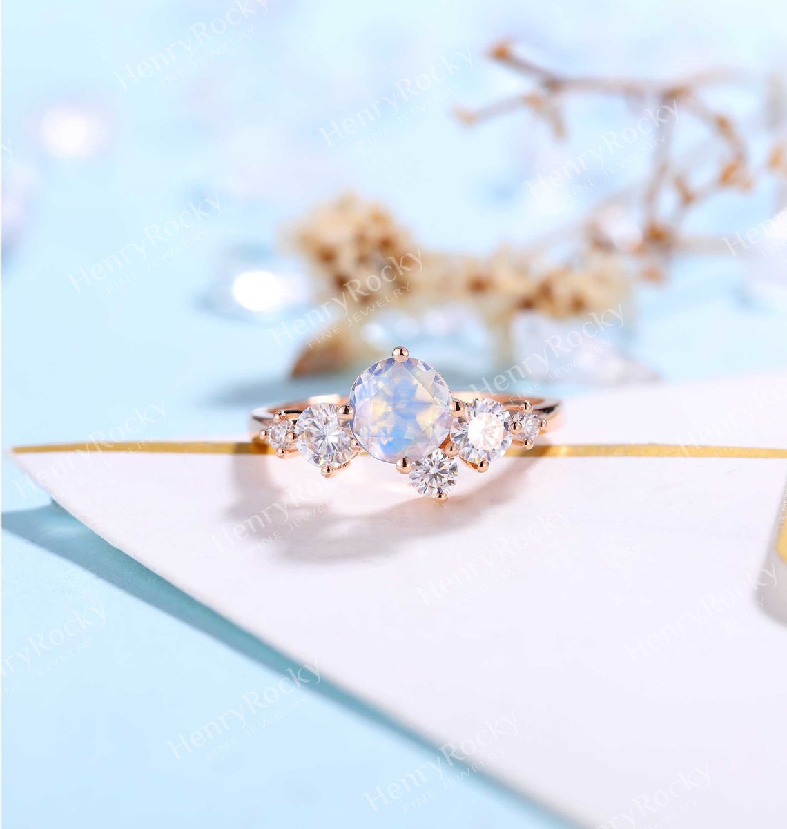 Moonstone Engagement Ring Art Deco Moissanite Rose Gold Ring | Etsy