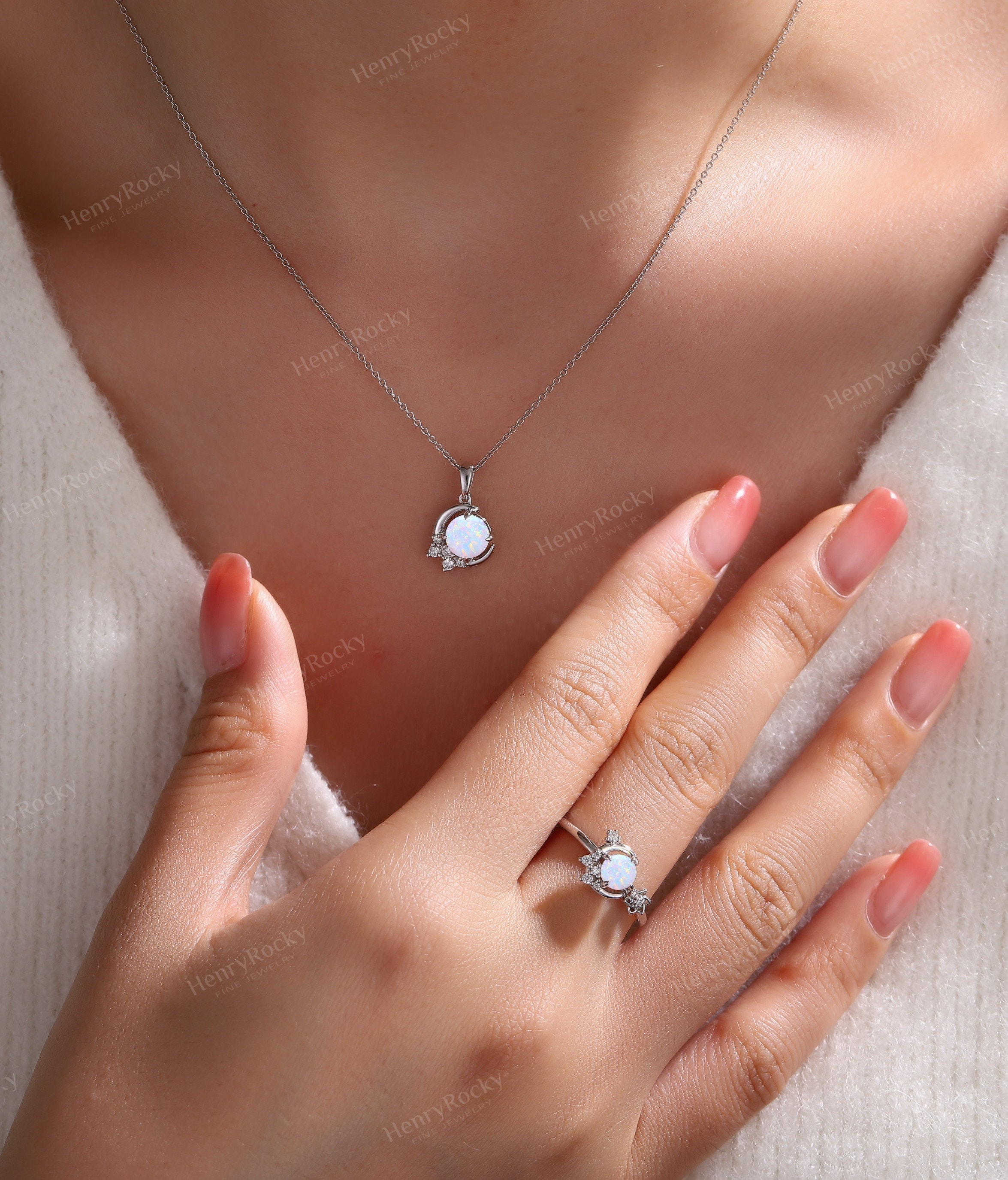 Celestial Moon Jewelry Set Women - Opal Moon Star Pendent Necklace alexandrite Engagement ring Gold Ring Set | Custom Valentine Gift for her