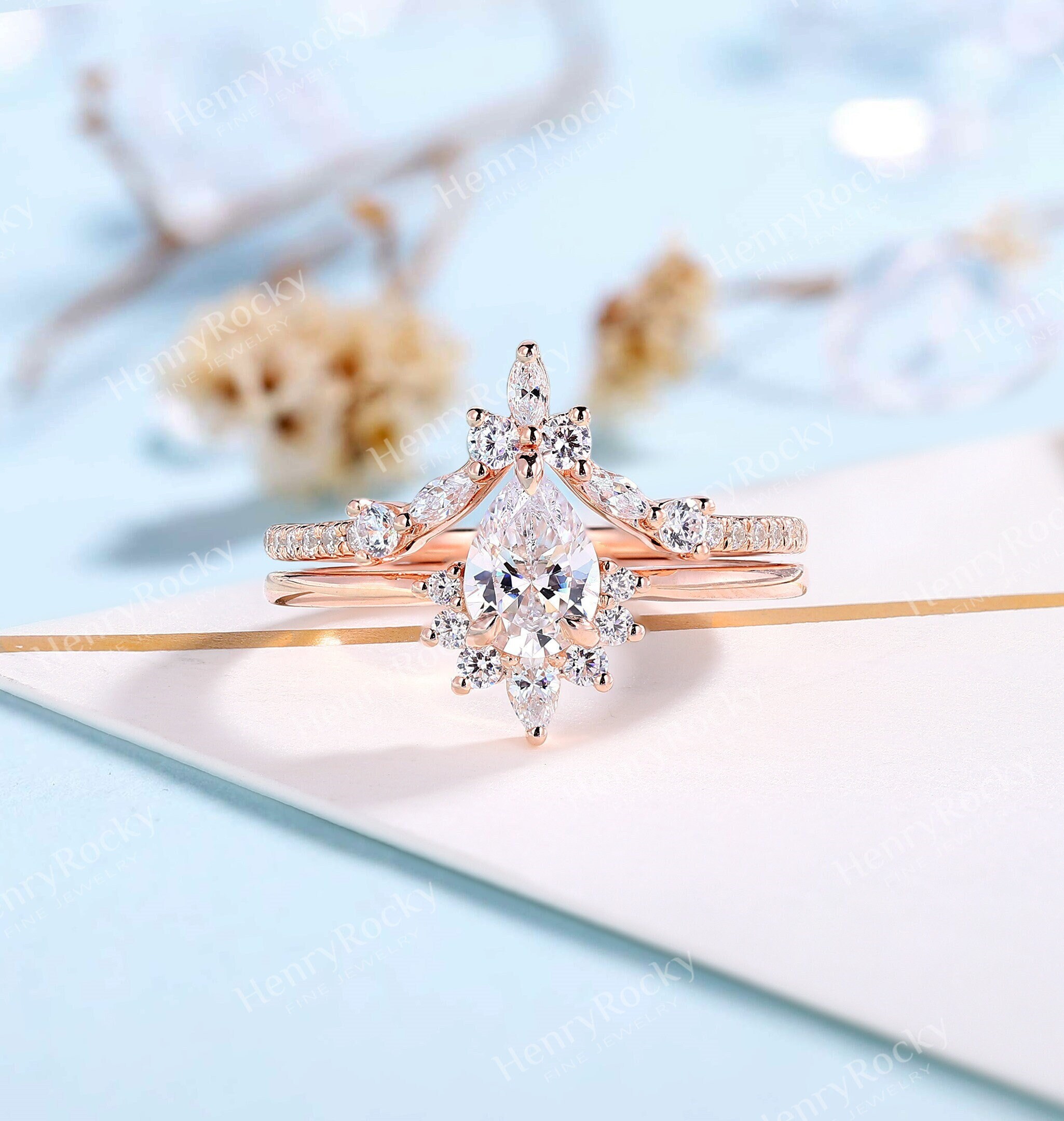 Pear Shaped Moissanite Engagement Ring Set Rose Gold Ring Marquise 