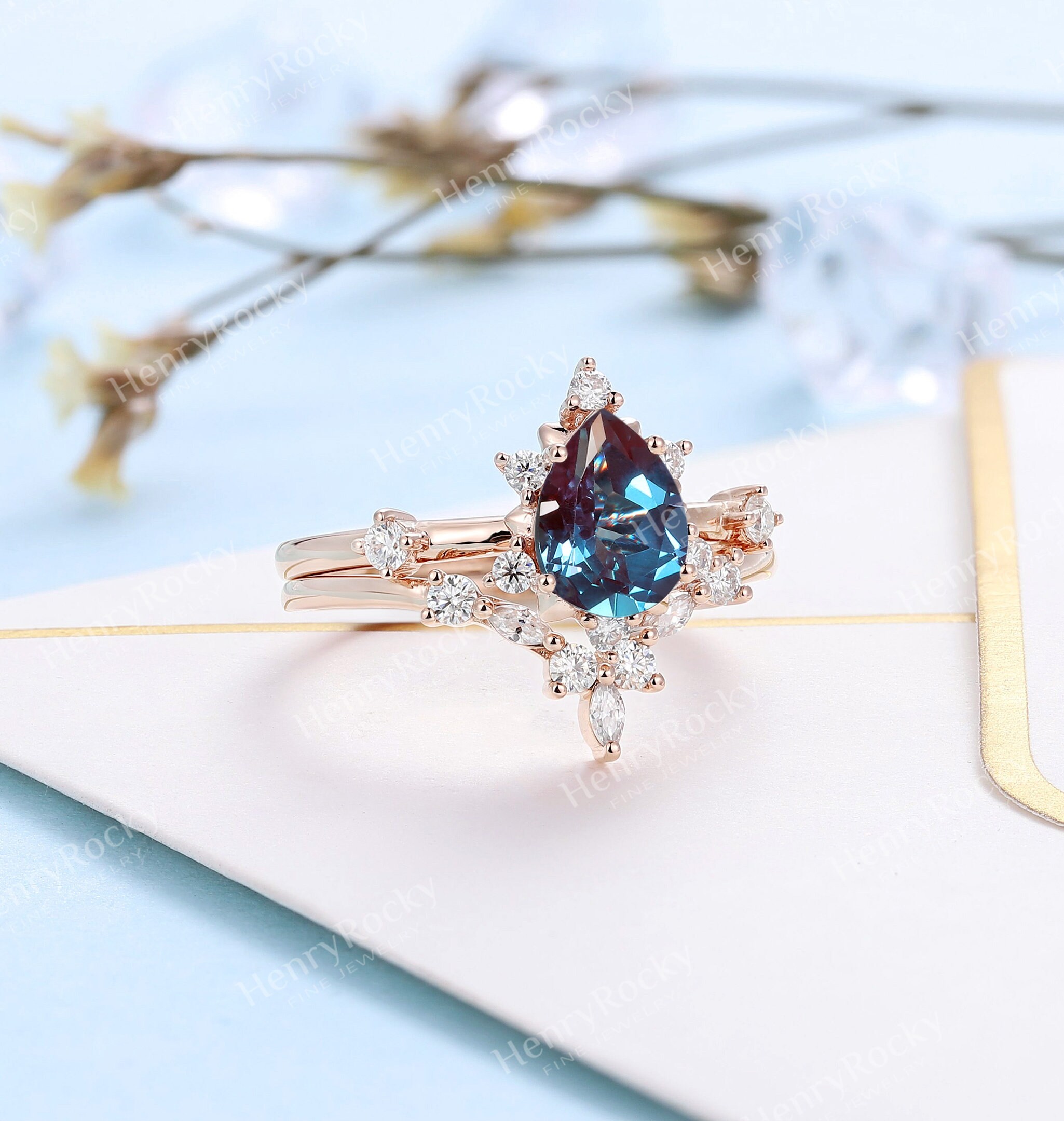 Vintage Alexandrite Engagement Ring Set Art Deco Rose Gold Wedding