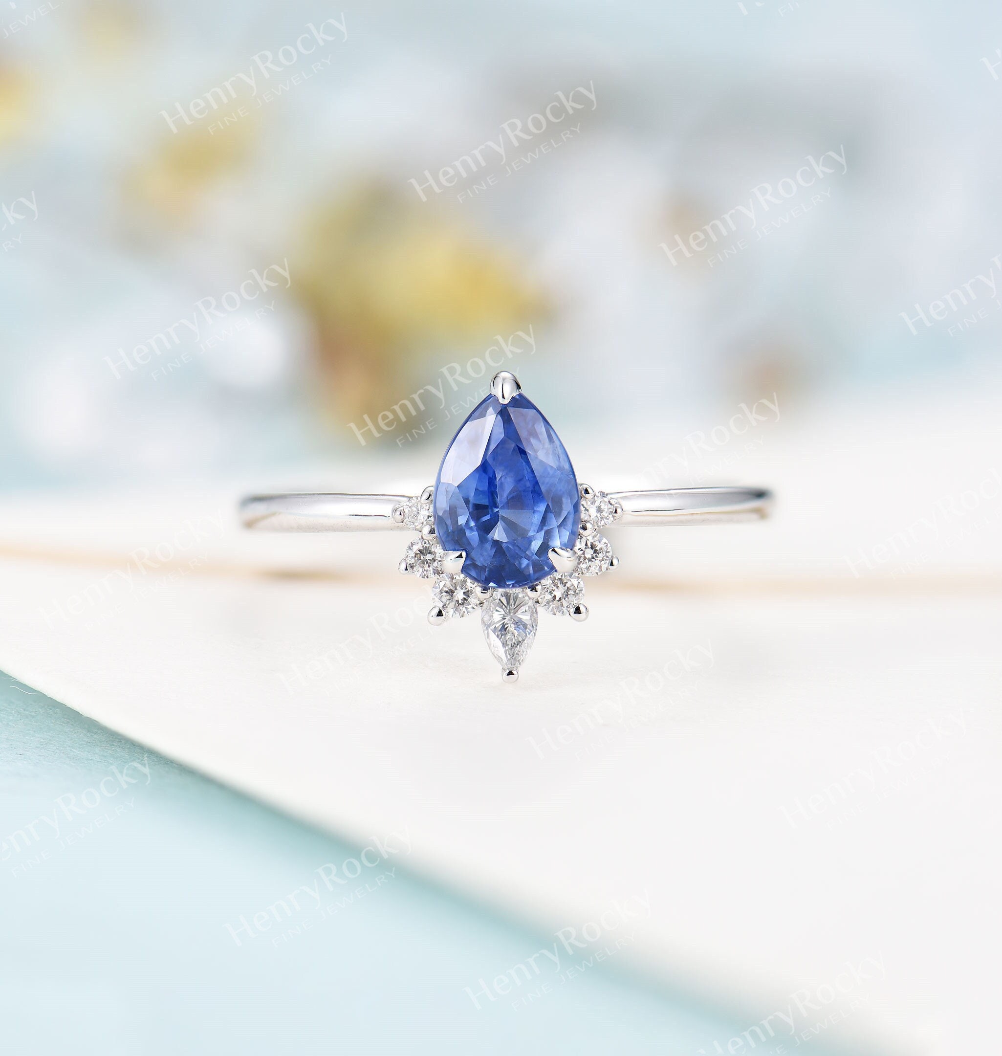 Vintage Lab cornflower Sapphire Engagement Ring White Gold | Pear shaped Bridal ring |Art deco Wedding Ring |Unique Anniversary Gift for Her