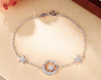 Delicate Moon & Star Bracelet - Rose Gold Bracelet, Birthday Gift