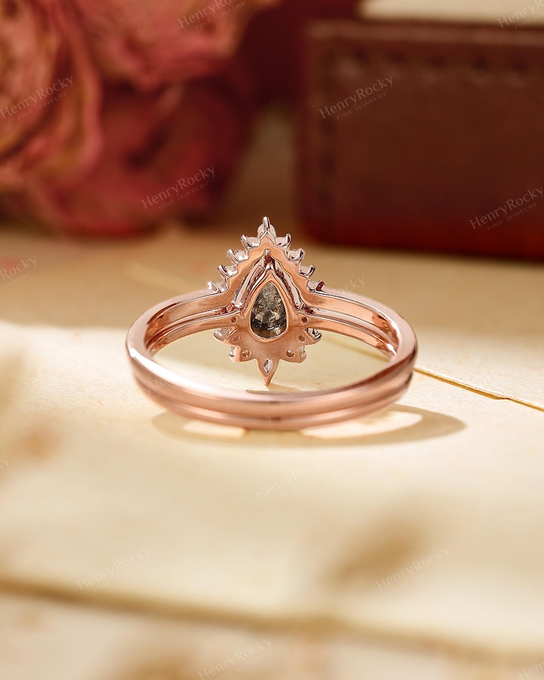 Conjunto de anéis de noivado - Conjunto de alianças com diamantes sal e pimenta, aliança curva da HENRYROCKY imagem 7