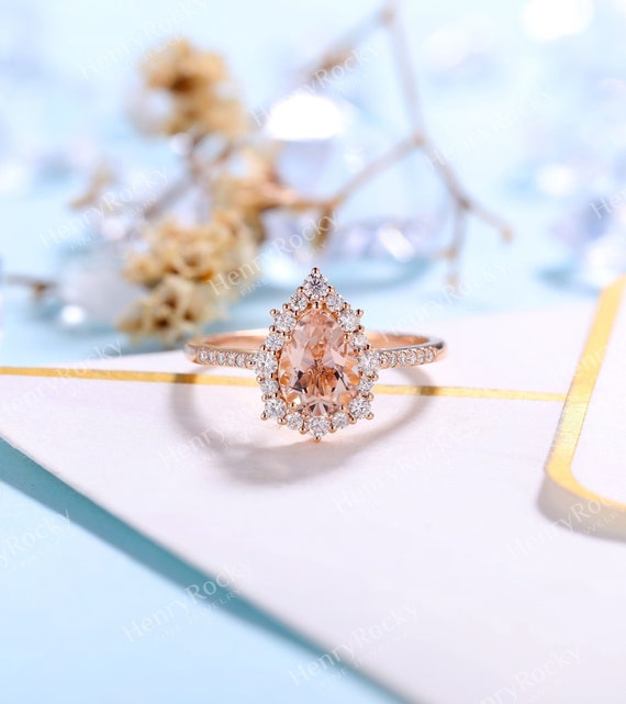 Pear Cut Lab Diamond Engagement Ring Rose Gold Vintage Halo Ring