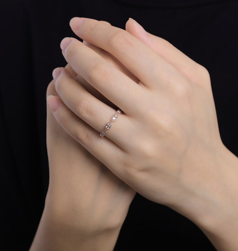vintage milgrain stacking matching bridal jewelry promise ring anniversary gift for her DiamondMoissanite rose gold wedding band women