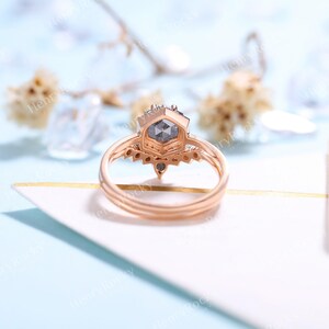 Salt and Pepper Diamond Engagement Ring set Rose gold Hexagon cut Curved wedding band Moissanite Halo Bridal set Anniversary promise ring image 4