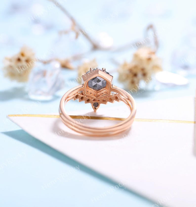 Salt and Pepper Diamond Engagement Ring set Rose gold Hexagon cut Curved wedding band Moissanite Halo Bridal set Anniversary promise ring image 4