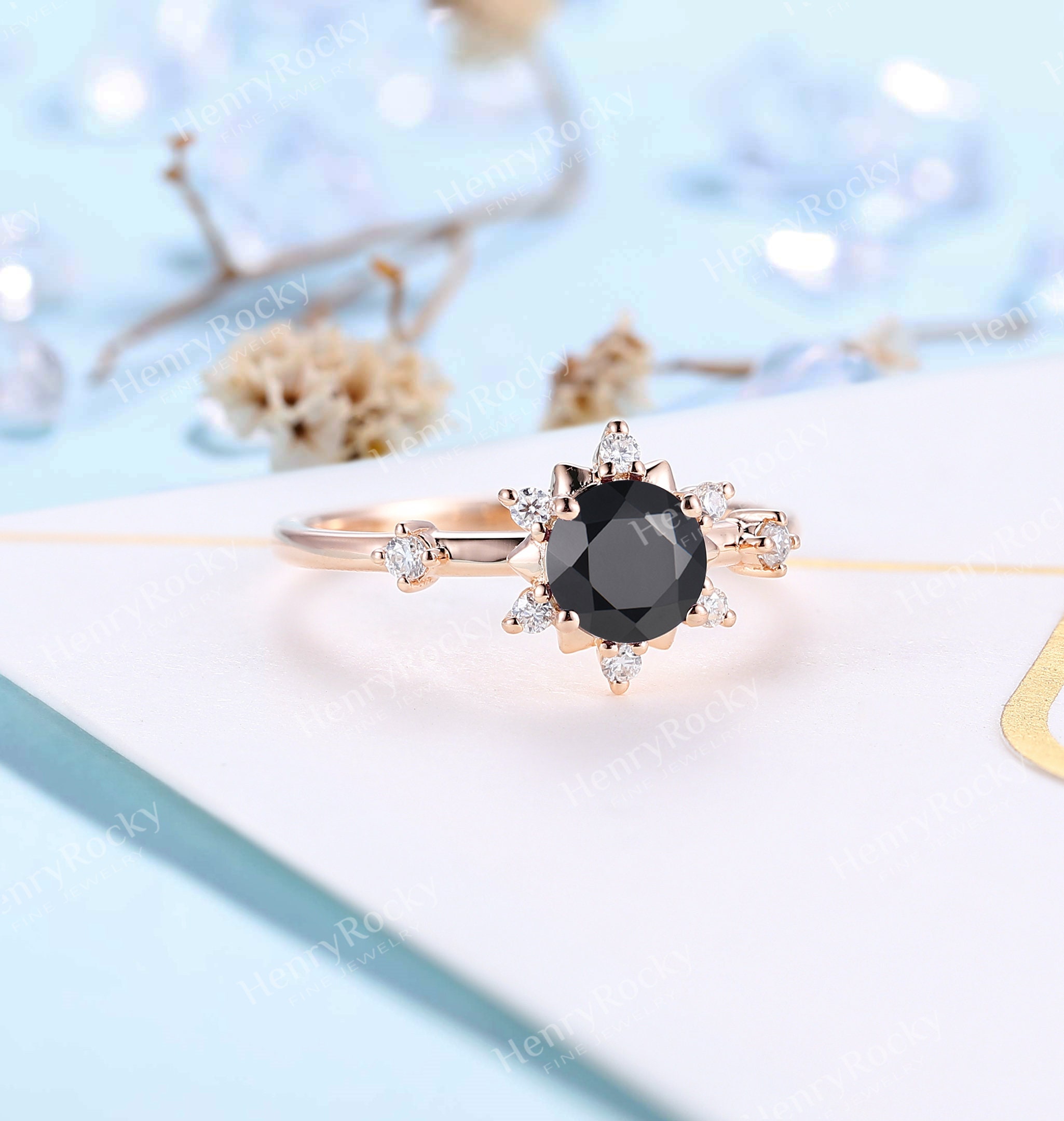 Vintage Black Onyx Engagement Ring Women Unique Rose Gold - Etsy