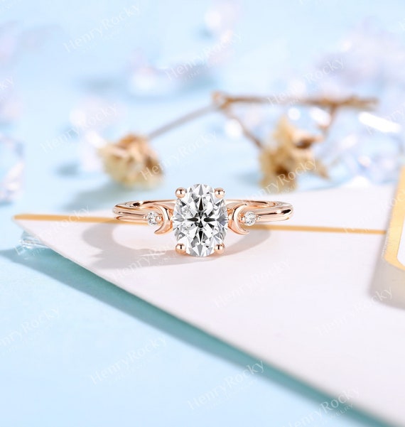 Oval Shape Moissanite Engagement Ring Celestial Moon Ring Vintage