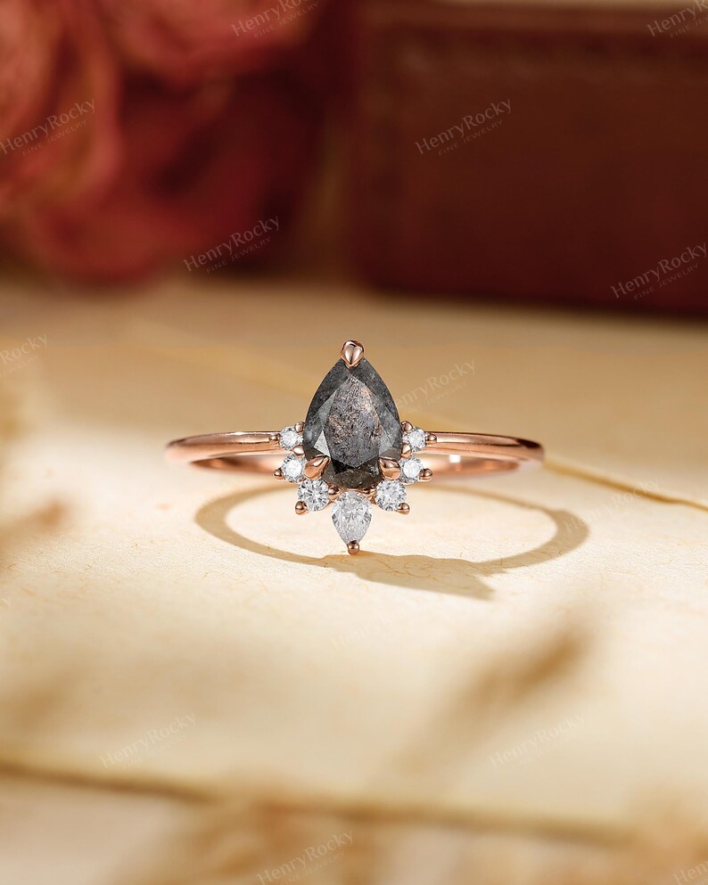 Conjunto de anéis de noivado - Conjunto de alianças com diamantes sal e pimenta, aliança curva da HENRYROCKY imagem 8