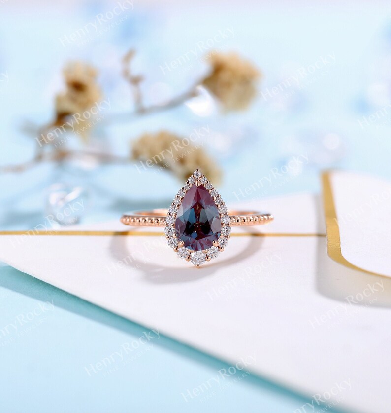 Vintage Alexandrite Engagement Ring art deco Rose Gold ring | Antique Pear shape Bridal ring |Half eternity Milgrain ring | Anniversary ring 