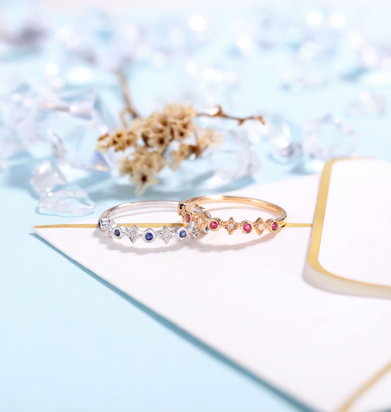 Antique Sapphire jewelry Promise Ring Delicate Wedding Band Rose Gold Women Anniversary Gift for her Vintage Diamond wedding ring