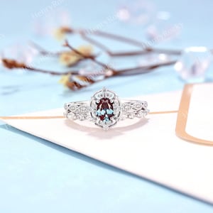 Vintage Alexandrite Engagement Ring set Art deco Oval cut Rose gold Bridal set Diamond Moissanite Milgrain wedding ring Anniversary ring set image 7