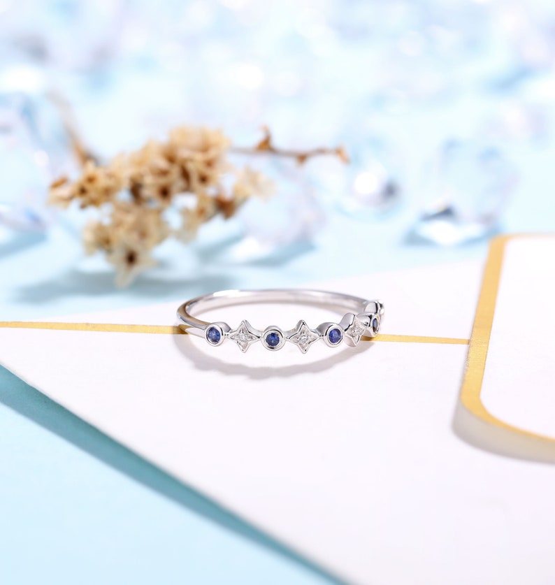 Antique Sapphire jewelry Promise Ring Delicate Wedding Band Rose Gold Women Anniversary Gift for her Vintage Diamond wedding ring