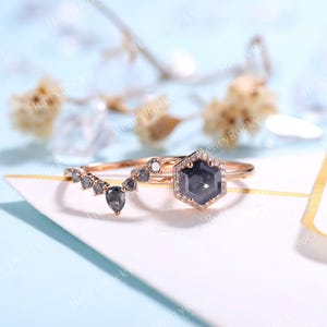 Salt and Pepper Diamond Engagement Ring set Rose gold Hexagon cut Curved wedding band Moissanite Halo Bridal set Anniversary promise ring image 2