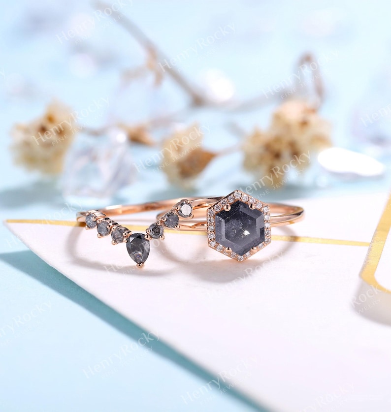 Salt and Pepper Diamond Engagement Ring set Rose gold Hexagon cut Curved wedding band Moissanite Halo Bridal set Anniversary promise ring image 2