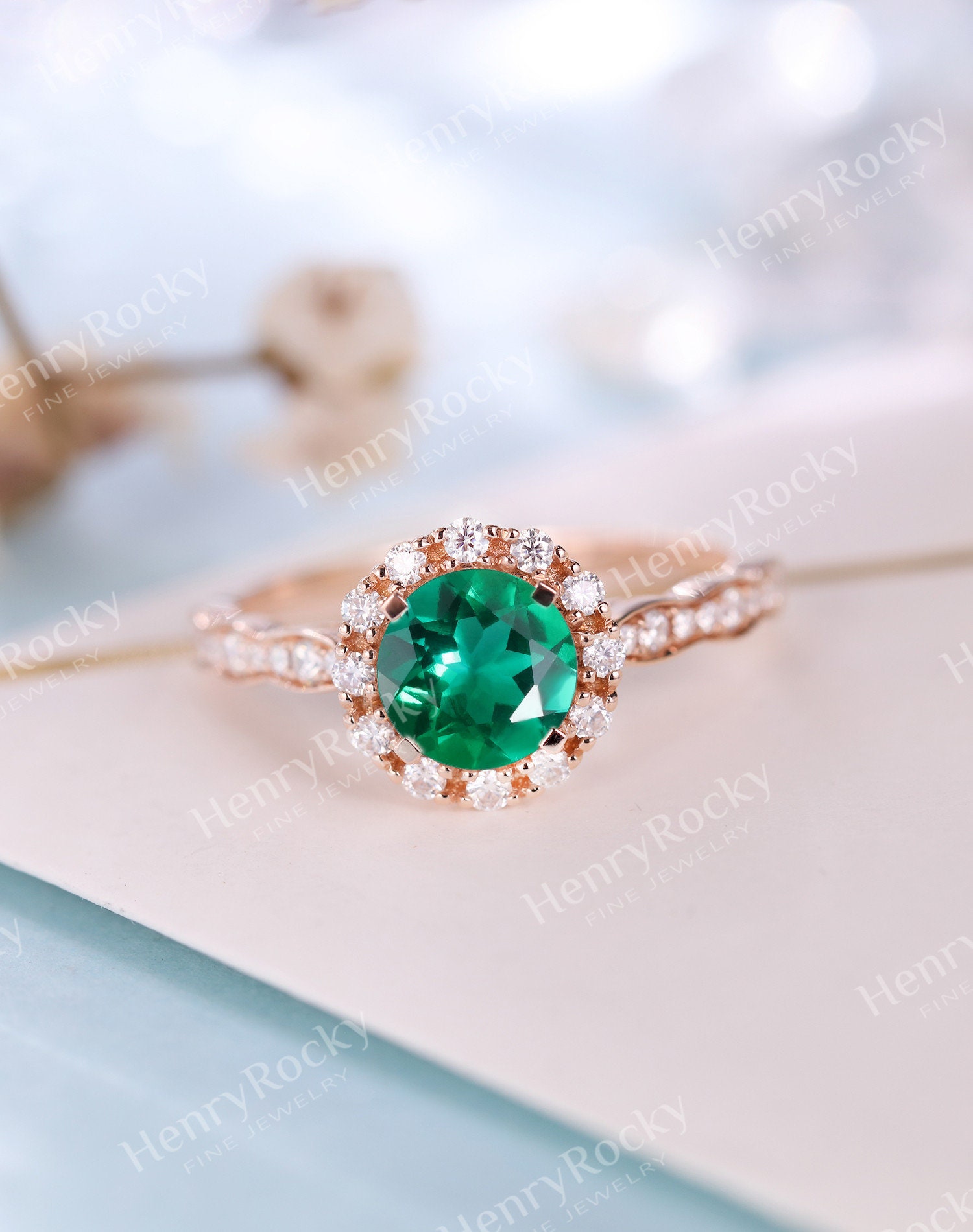 Vintage Lab Emerald Rose Gold Engagement Ring Women Antique - Etsy