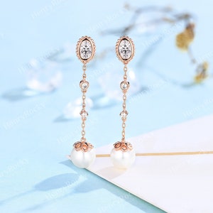 Natural Akoya Pearl Earring Vintage Oval Moissanite Earrings 14k 18k Rose Gold sparkly suave drop Pearl earring dainty Anniversary earring
