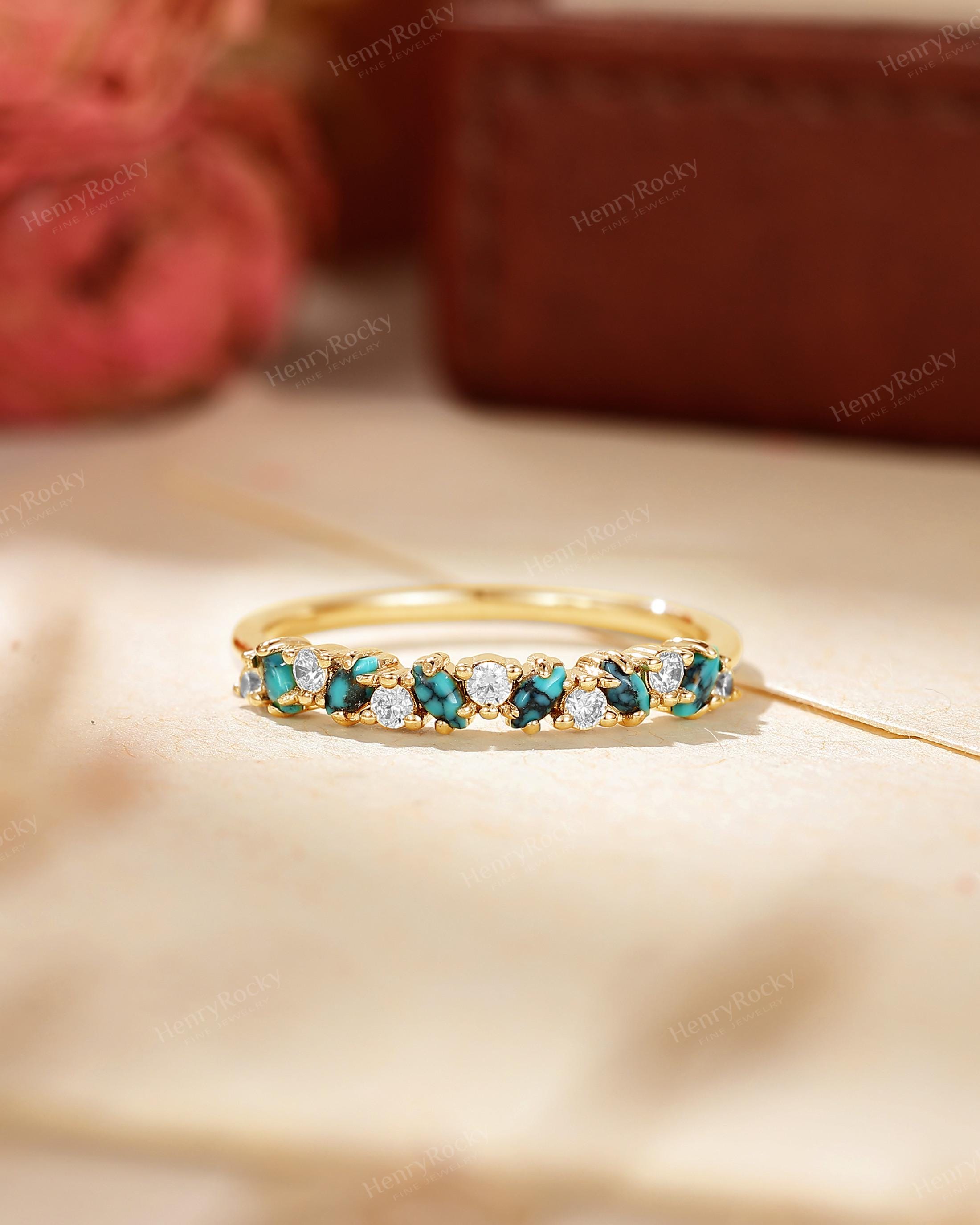 アンティークターコイズ結婚指輪 - イエローゴールドレディースリング