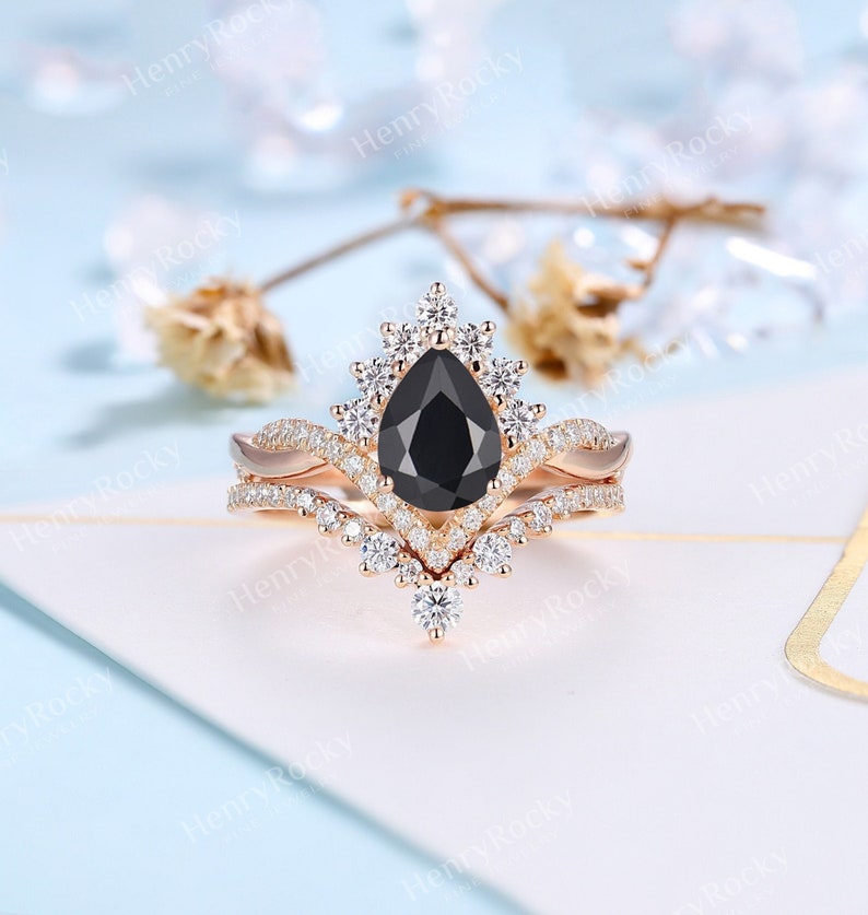 Vintage black onyx engagement ring set moissanite image 1