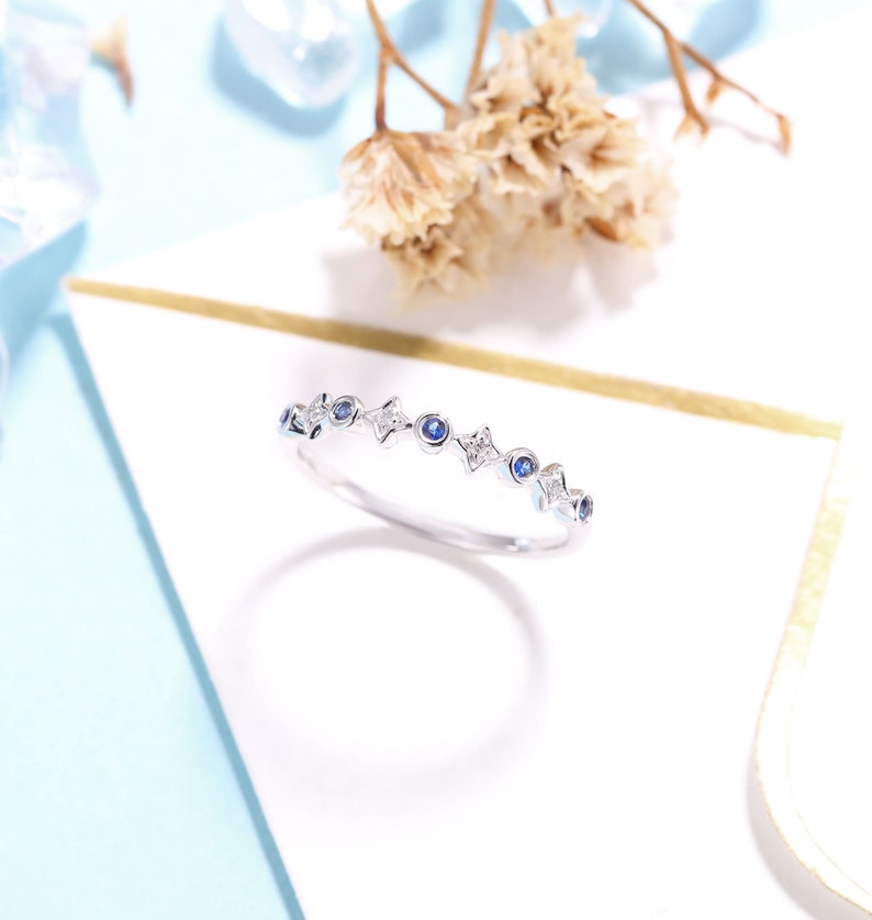 Antique Sapphire jewelry Promise Ring Delicate Wedding Band Rose Gold Women Anniversary Gift for her Vintage Diamond wedding ring