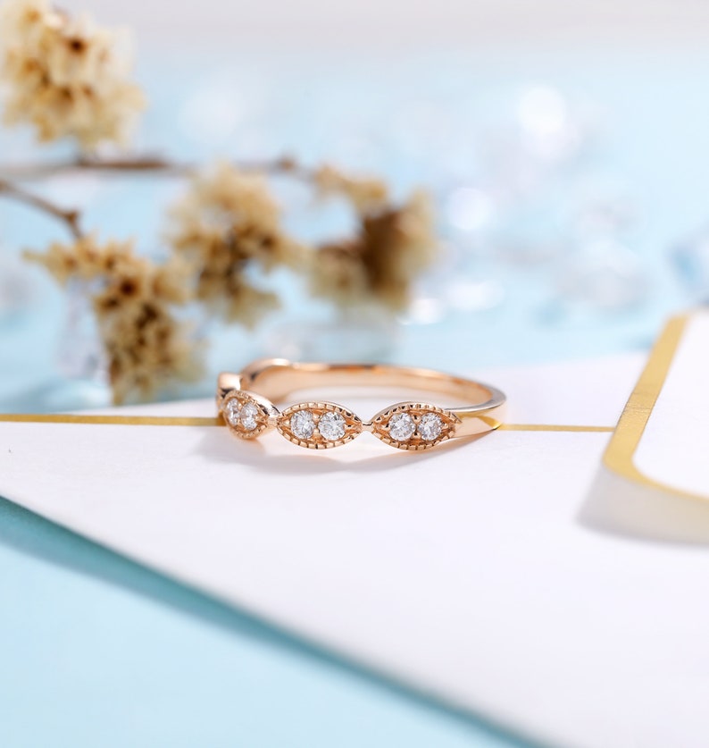 vintage milgrain stacking matching bridal jewelry promise ring anniversary gift for her DiamondMoissanite rose gold wedding band women