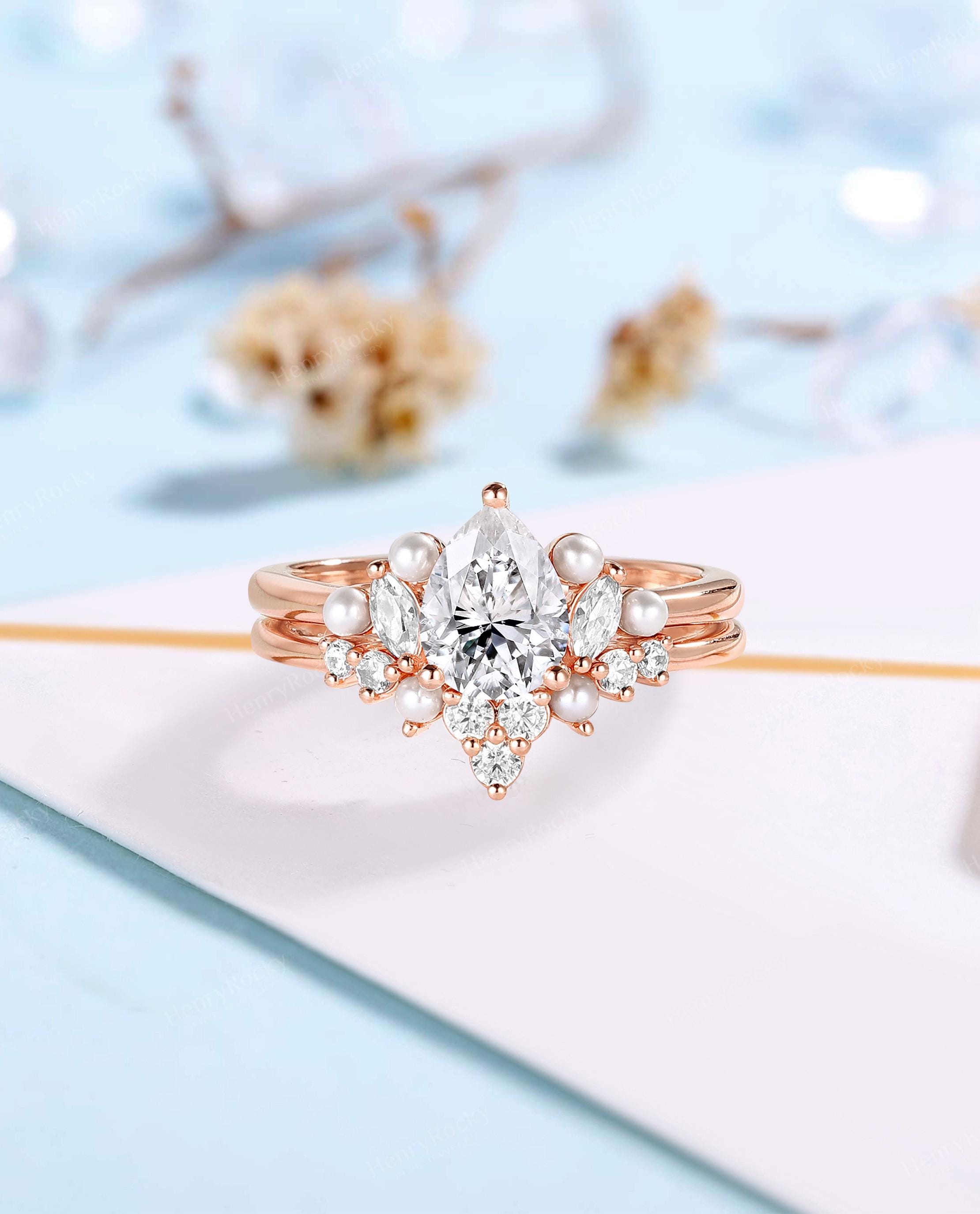 Pearl & Moissanite Bridal Ring Set - Pear Moissanite Cluster Engagement Ring Set in 14K Rose Gold | Elegance Celestial Romantic Promise Ring