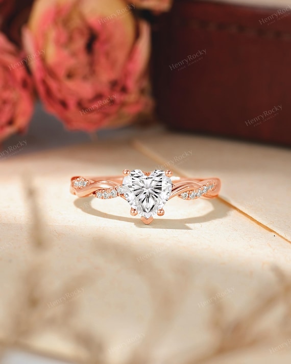 Romantic Heart Engagement Ring, Rose Gold Twist Ring, Moissanite Pave Ring by HENRYROCKY