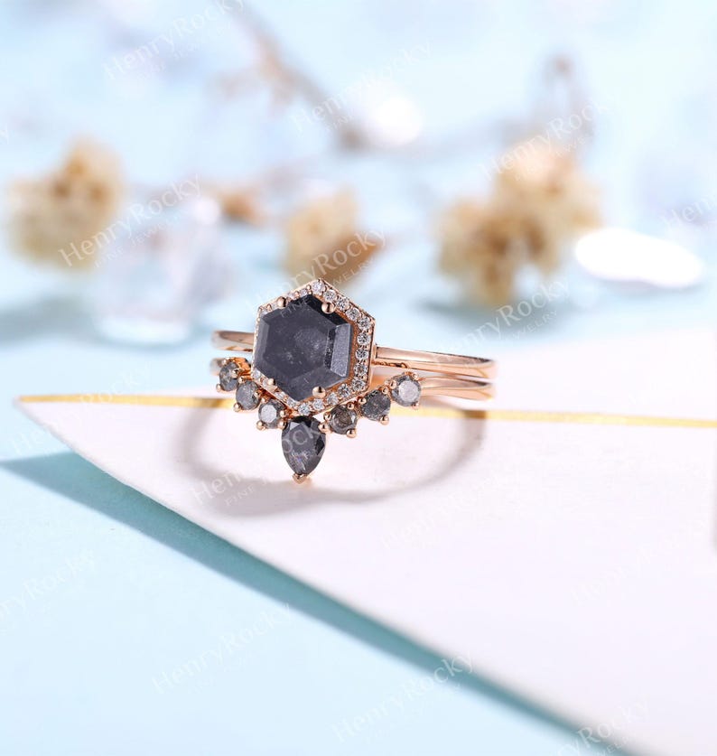 Salt and Pepper Diamond Engagement Ring set Rose gold Hexagon cut Curved wedding band Moissanite Halo Bridal set Anniversary promise ring image 3