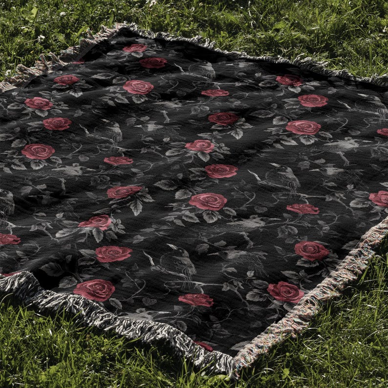 Goth Blanket: Ravens & Roses - Gothic Throw Blanket, Dark Aesthetic Home Decor, Dark Academia Bedspread, Witchy Altar Tapestry, Decor Gift image 6