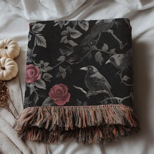 Goth Blanket: Ravens & Roses - Gothic Throw Blanket, Dark Aesthetic Home Decor, Dark Academia Bedspread, Witchy Altar Tapestry, Decor Gift image 10