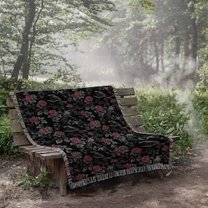 Goth Blanket: Ravens & Roses - Gothic Throw Blanket, Dark Aesthetic Home Decor, Dark Academia Bedspread, Witchy Altar Tapestry, Decor Gift image 8
