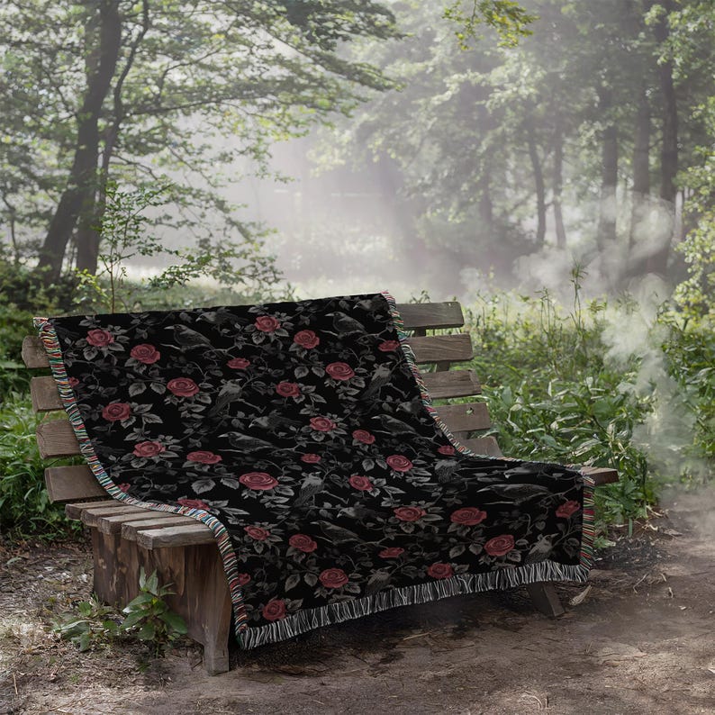 Goth Blanket: Ravens & Roses - Gothic Throw Blanket, Dark Aesthetic Home Decor, Dark Academia Bedspread, Witchy Altar Tapestry, Decor Gift image 8