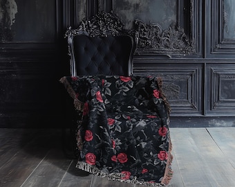Goth Blanket: Ravens & Roses - Gothic Throw Blanket, Dark Aesthetic Home Decor, Dark Academia Bedspread, Witchy Altar Tapestry, Decor Gift