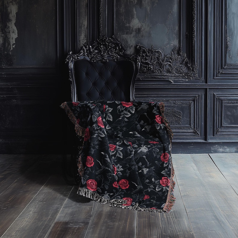 Goth Blanket: Ravens & Roses - Gothic Throw Blanket, Dark Aesthetic Home Decor, Dark Academia Bedspread, Witchy Altar Tapestry, Decor Gift image 1