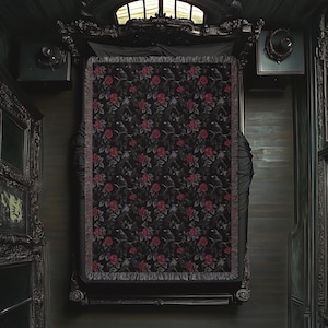 Goth Blanket: Ravens & Roses - Gothic Throw Blanket, Dark Aesthetic Home Decor, Dark Academia Bedspread, Witchy Altar Tapestry, Decor Gift image 2