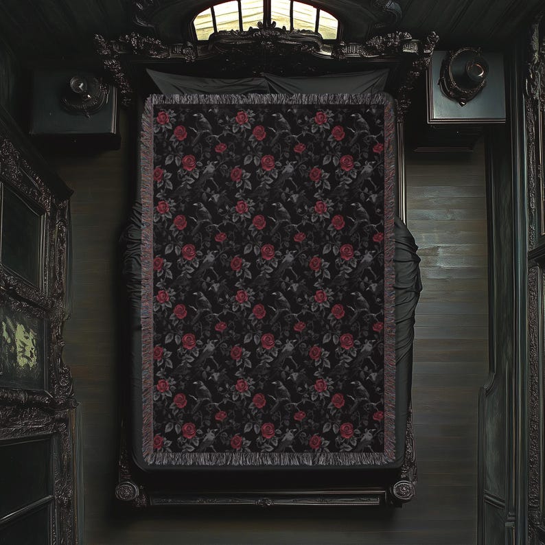 Goth Blanket: Ravens & Roses - Gothic Throw Blanket, Dark Aesthetic Home Decor, Dark Academia Bedspread, Witchy Altar Tapestry, Decor Gift image 2