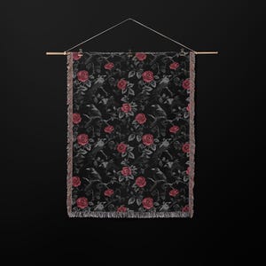 Goth Blanket: Ravens & Roses - Gothic Throw Blanket, Dark Aesthetic Home Decor, Dark Academia Bedspread, Witchy Altar Tapestry, Decor Gift image 5