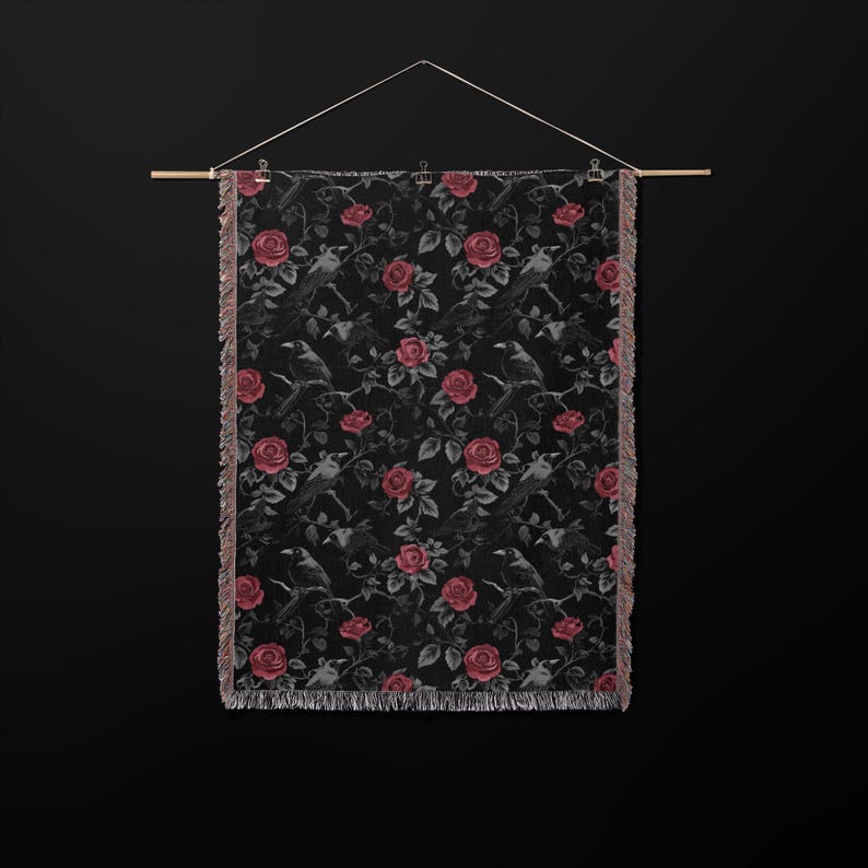 Goth Blanket: Ravens & Roses - Gothic Throw Blanket, Dark Aesthetic Home Decor, Dark Academia Bedspread, Witchy Altar Tapestry, Decor Gift image 5