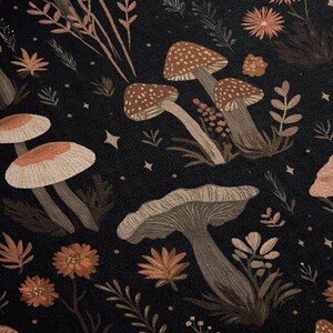 May include: A dark background with a repeating pattern of mushrooms, flowers, and foliage in shades of brown, tan, and orange. The mushrooms have speckled caps and are surrounded by detailed plant life.