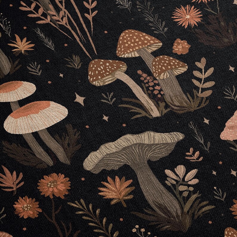 May include: A dark background with a repeating pattern of mushrooms, flowers, and foliage in shades of brown, tan, and orange. The mushrooms have speckled caps and are surrounded by detailed plant life.