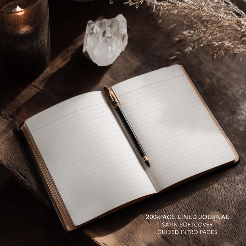May include: An open, lined journal with a black and gold pen resting on the pages. The journal is on a wooden surface, with a lit candle and a crystal in the background. Text on the page reads: 200-PAGE LINED JOURNAL, SATIN SOFTCOVER, GUIDED INTRO PAGES.