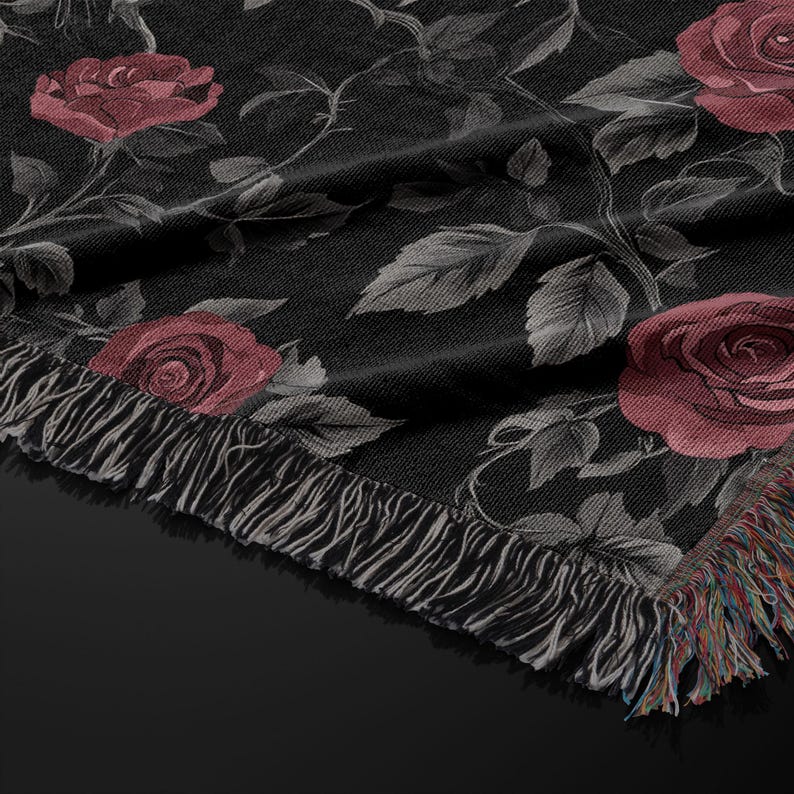 Goth Blanket: Ravens & Roses - Gothic Throw Blanket, Dark Aesthetic Home Decor, Dark Academia Bedspread, Witchy Altar Tapestry, Decor Gift image 7