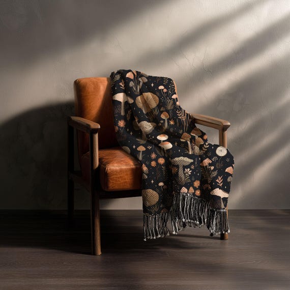 Mushroom Forest Woven Blanket: Cottagecore Botanical Throw
