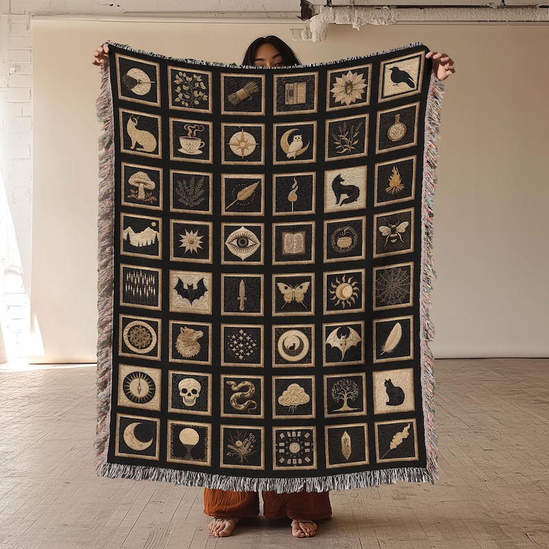 Woven Witch's Quilt Blanket: Gothic Pagan Tapestry, Altar Cloth image 2