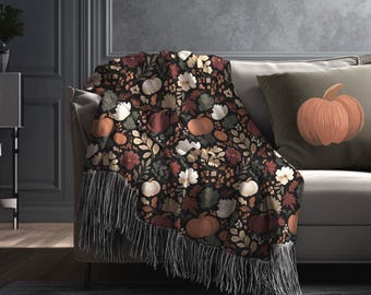 Autumn Botanical Throw Blanket: Harvest Botanica Woven Tapestry