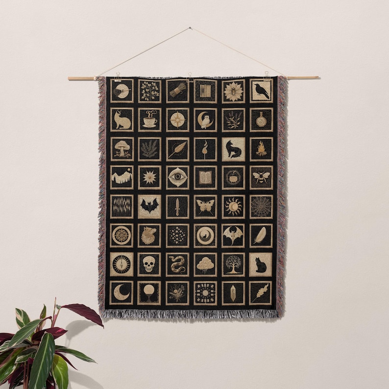 Woven Witch's Quilt Blanket: Gothic Pagan Tapestry, Altar Cloth 52x37 Lap Blanket