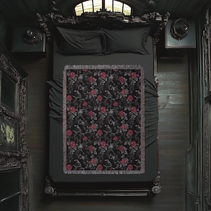 Goth Blanket: Ravens & Roses - Gothic Throw Blanket, Dark Aesthetic Home Decor, Dark Academia Bedspread, Witchy Altar Tapestry, Decor Gift image 3