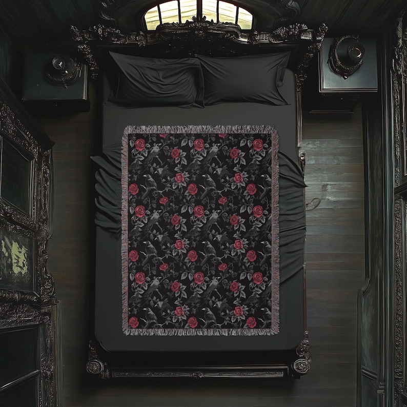 Goth Blanket: Ravens & Roses - Gothic Throw Blanket, Dark Aesthetic Home Decor, Dark Academia Bedspread, Witchy Altar Tapestry, Decor Gift image 3